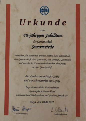 40 Jahre Guttempler Schwarmstedt Urkunde vom Landesverband Niedersachsen